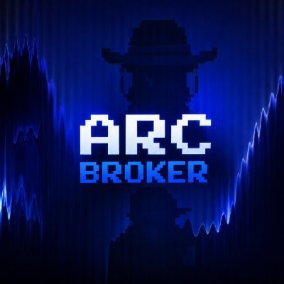 A blue pixel-art logo features a silhouetted figure in a wide-brimmed hat above the words “ARC BROKER,” framed by jagged audio-wave graphics.
