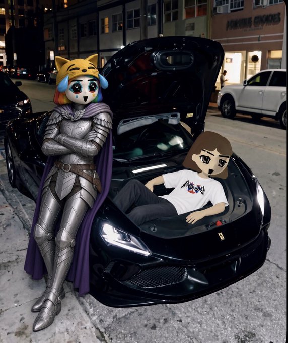 A creative photo shows a person cosplaying as an armored warrior standing next to a black Ferrari with its hood open, while a cartoon anime character lounges inside the engine bay.