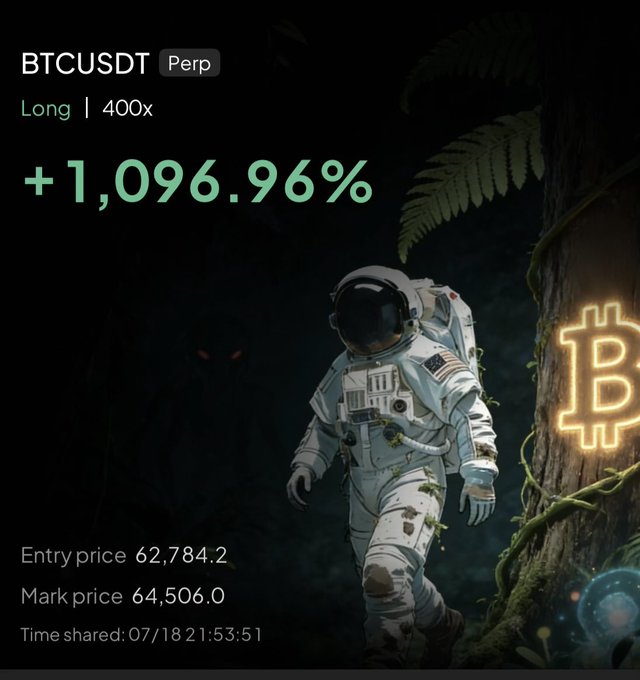 A screenshot showing a closed BTCUSDT Perp long position with a +1,096.96% gain at 400x leverage (entry 62,784.2, mark 64,506.0), featuring an astronaut walking through a jungle with a glowing Bitcoin symbol, reflecting the post's celebratory closing of a long trade at profit before switching to a short position.
