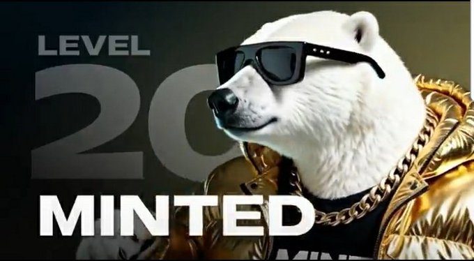 A promotional image featuring a polar bear wearing black sunglasses and a gold puffer jacket with a chain necklace, with large text 'LEVEL 20 MINTED' displayed against a dark background.