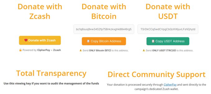 A donation page with options to donate with Zcash, Bitcoin, or USDT, showing copyable cryptocurrency addresses and notes about CipherPay processing.