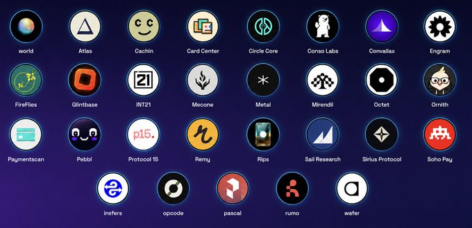 A grid displaying logos of 28 newly released crypto projects including World, Atlas, Cachin, Card Center, Circle Core, Conso Labs, Convaliax, Engram, FireFlies, Glintbase, INT21, Mecone, Metal, Minendil, Octet, Ornith, Paymentscan, Pebbl, Protocol 15, Remy, Rips, Sail Research, Sirius Protocol, Soho Pay, Insters, Opcode, Pascal, Rumo, and Wafer, representing the hyped and noteworthy new launches referenced in the post.