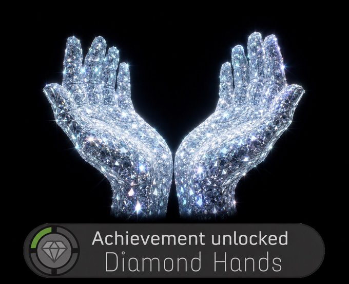 An achievement notification showing hands made of sparkling diamonds, with text 'Achievement unlocked' and 'Diamond Hands' next to a diamond icon.