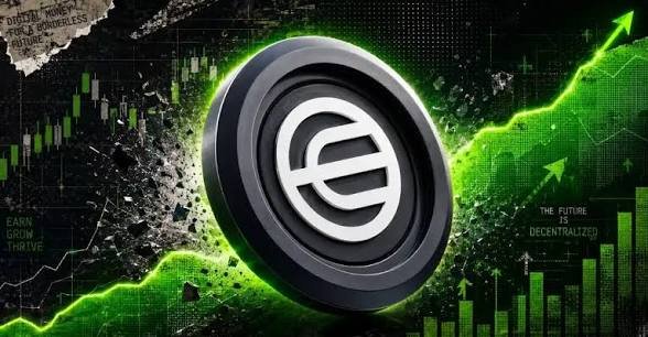 A promotional graphic featuring a large black and silver 'W' (Worldcoin) coin against a green digital background with rising stock charts, arrows, and text including 'DECENTRALIZED' and 'EARN GROW THRIVE'.