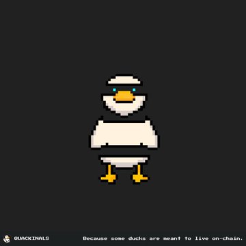 A pixel art image of a crying duck character on a dark background with the text 'Because some ducks are meant to live on-chain' and a 'QUACKINALS' logo.