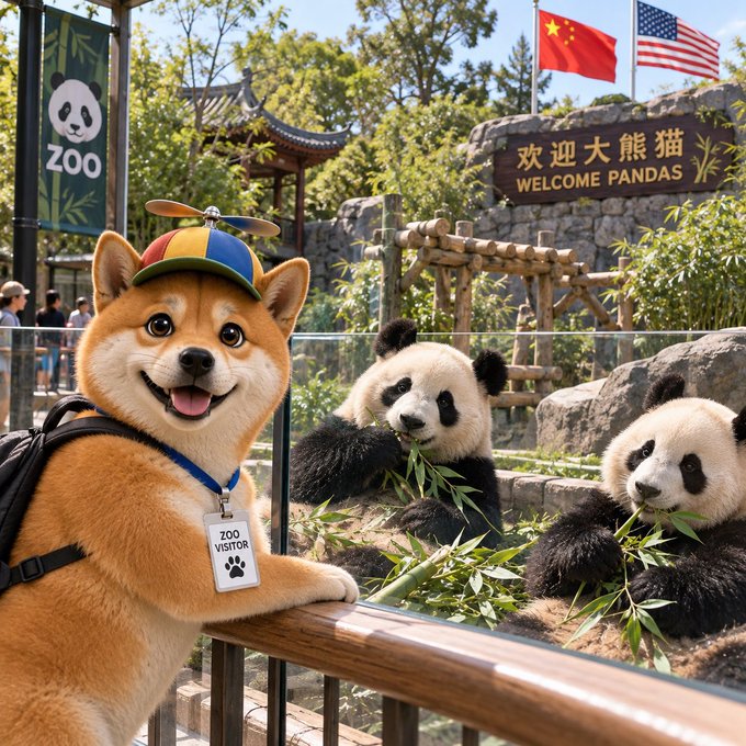 An AI-generated scene shows a Shiba Inu dog wearing a propeller hat and a 'ZOO VISITOR' badge posing at a panda enclosure, with Chinese and American flags flying above a 'WELCOME PANDAS' sign.