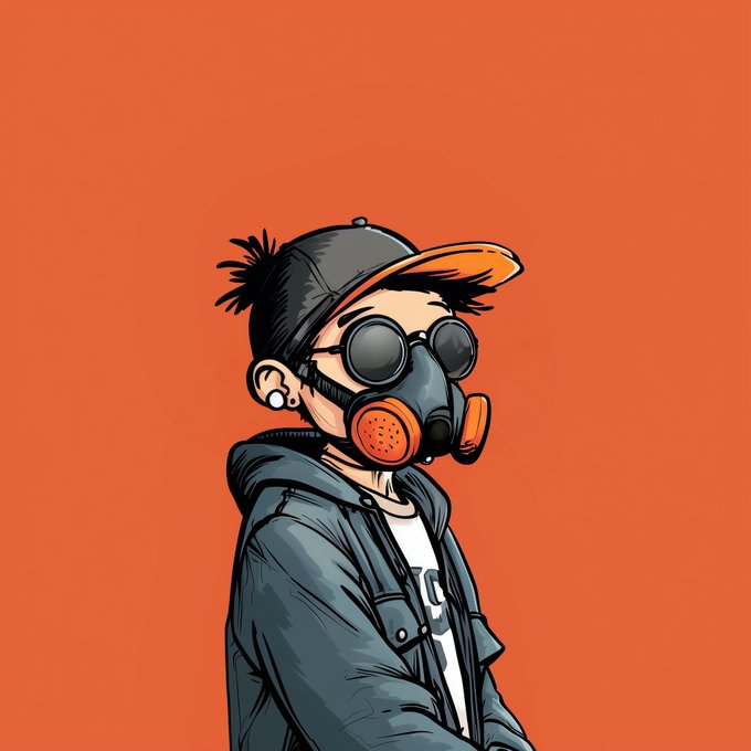 A cartoon illustration of a character wearing a cap, goggles, and a respirator mask against an orange background.