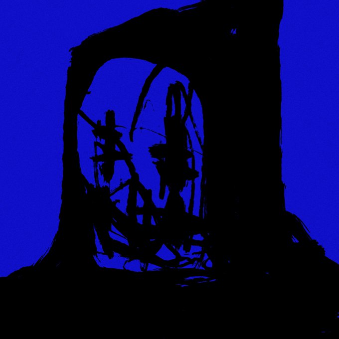 A high-contrast black silhouette of a hooded figure containing chaotic, scratchy interior details is set against a solid vibrant blue background.