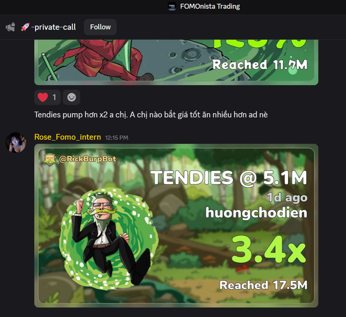 A Discord screenshot from 'FOMOnista Trading' showing text about a 'TENDIES @ 5.1M' reaching '17.5M' with a '3.4x' multiplier graphic, alongside a cartoon character in a green bubble.