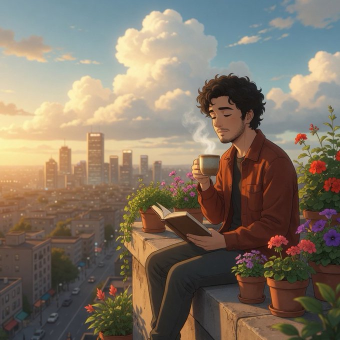 The image features a man sitting on a ledge, reading a book while holding a cup of coffee. The scene takes place outdoors with potted plants surrounding him. There are several cars parked nearby, indicating that this location might be a busy street or parking area. The man's position and the presence of the potted plants suggest he is in an urban setting where people can enjoy their time reading books while sipping on coffee.