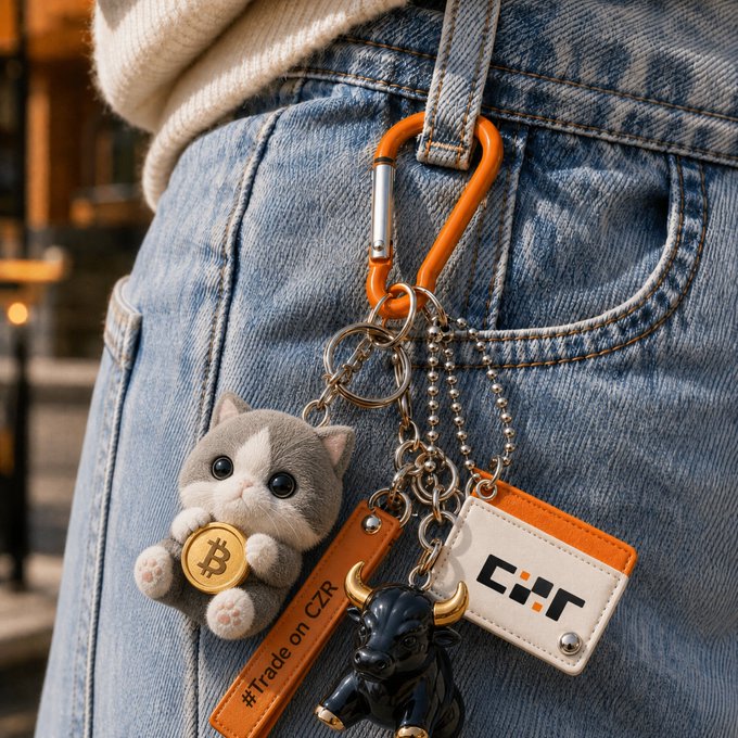 The image shows a person's jeans with various small items hanging off their pockets, including a keychain featuring a key and an animal token such as a cat or bull. There are also several pieces of jewelry visible among these small objects. The primary focus on this image is the person wearing blue jeans while holding up two of the keys from the keychain. These keys appear to represent a combination lock for a personal digital wallet, suggesting that they may be engaged in some form of cryptocurrency or digital transactions.