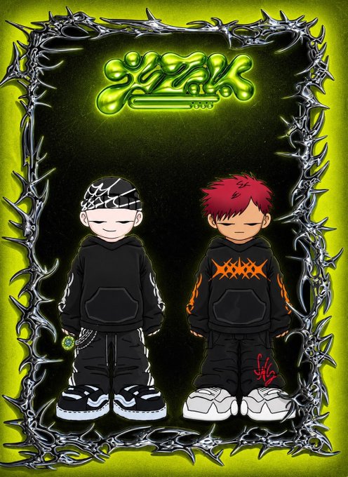 An illustrated poster featuring two stylized chibi characters in black streetwear with chains and chunky sneakers, framed by thorny vines on a lime green background with graffiti-style text at the top.