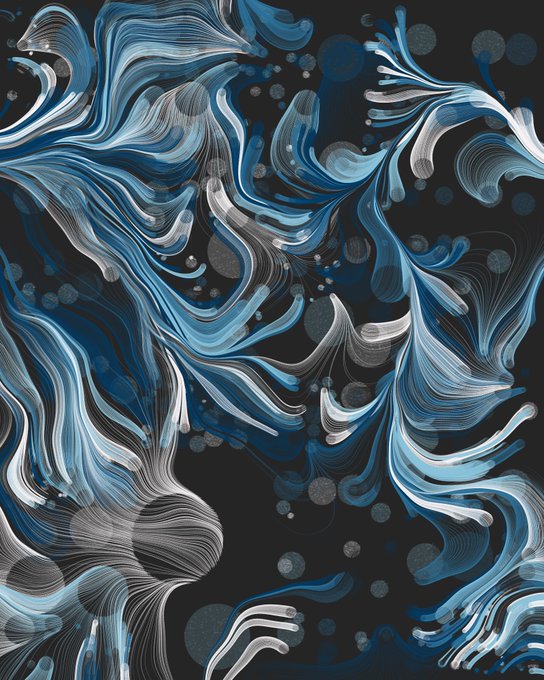 An abstract digital artwork featuring flowing blue and white wave-like patterns with circular bubble elements against a dark background.