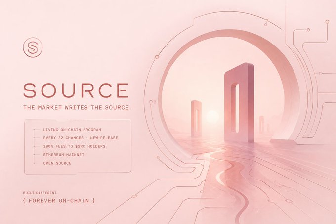 A promotional graphic with a pink and peach color palette featuring the text 'SOURCE - THE MARKET WRITES THE SOURCE.' and details like 'LIVING ON-CHAIN PROGRAM', 'EVERY 32 CHANGES - NEW RELEASE', '100% FEES TO $SRC HOLDERS', 'ETHEREUM MAINNET', 'OPEN SOURCE', and '{ FOREVER ON-CHAIN }'.