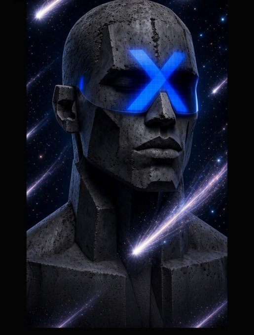 A digital artwork depicting a stone bust with a glowing blue "X" symbol across its eyes, set against a cosmic background with streaking stars and meteors.