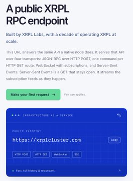 A webpage describing a public XRPL RPC endpoint built by XRPL Labs, showing the URL 'https://xrplcluster.com' with options for HTTP POST, HTTP GET, WebSocket, and SSE.