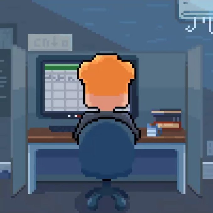A pixel art image shows a person with orange hair sitting at a desk in front of a computer monitor, with an air conditioning unit visible on the wall above.