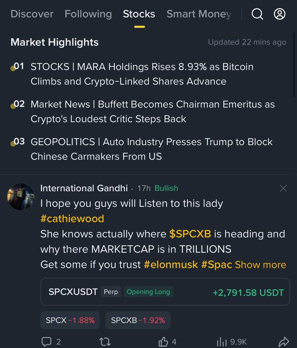 A financial app screenshot showing Market Highlights with news about MARA Holdings rising 8.93%, Buffett becoming Chairman Emeritus as a crypto critic steps back, and the auto industry pressuring Trump regarding Chinese carmakers. Below is a post by 'International Gandhi' promoting $SPCXB and SPCXUSDT perp with a long position showing +2,791.58 USDT.