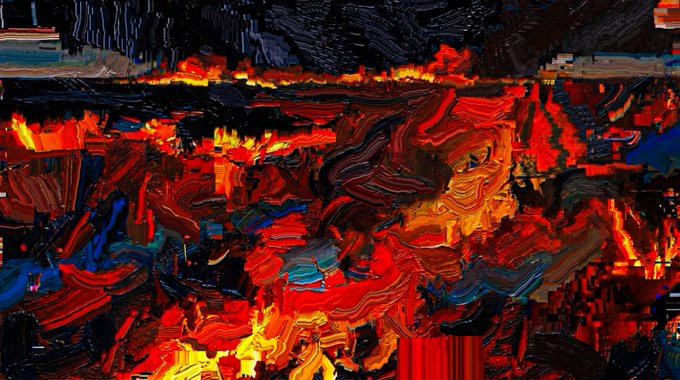 A chaotic abstract painting titled "Prairie Fire" features vivid swirls of red, orange, and yellow flames bleeding into dark blacks and blues, conveying the destructive spread of fire across a landscape. Marked as an 18 of 1 (1/1 edition) on Transient, the work's turbulent composition mirrors the relentless and consuming nature suggested by its title.