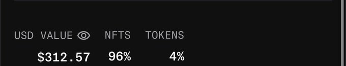 A dark-themed digital interface displaying financial portfolio values: USD VALUE $312.57, NFTS 96%, and TOKENS 4%.