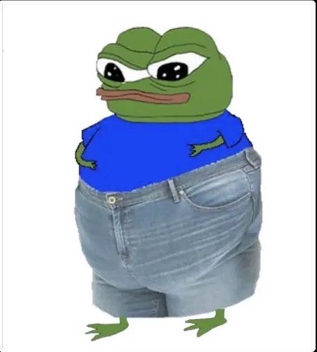 A cartoon frog meme character wearing a blue t-shirt and oversized jeans stands against a white background.