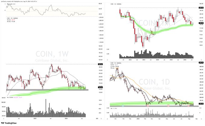 TradingView charts for COIN (Coinbase Global, Inc.) displayed across multiple timeframes (1W and 1D), showing price action, volume bars, and moving averages with green highlighted zones.