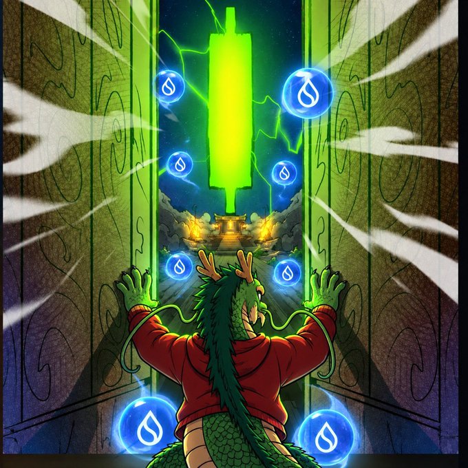 Digital artwork depicting a green dragon-like creature in a red hoodie facing a glowing green portal surrounded by floating blue SUI cryptocurrency coins.