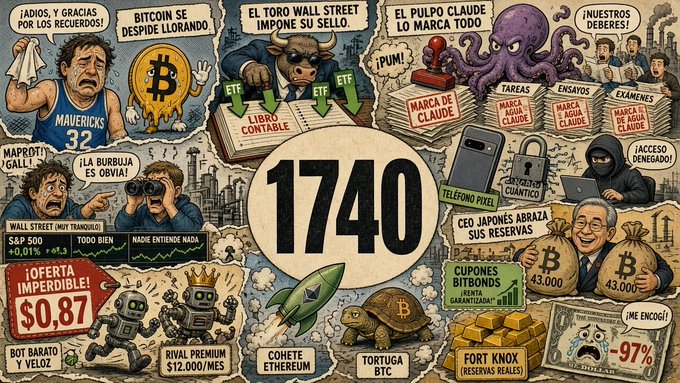 A satirical comic about cryptocurrency market crashes featuring Bitcoin, Wall Street figures, an octopus, and text referencing '1740', 'MAPROTI GALI', and various market events.