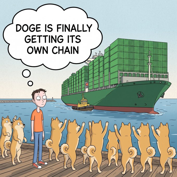 A cartoon illustration showing a man thinking 'DOGE IS FINALLY GETTING ITS OWN CHAIN' while watching a large cargo ship loaded with green containers, surrounded by Shiba Inu dogs on a dock.