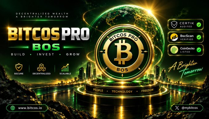 A promotional graphic for 'BITCOS PRO BOS' cryptocurrency platform featuring a gold Bitcoin emblem over a futuristic globe, with text including 'DECENTRALIZED WEALTH A BRIGHTER TOMOMORROW', 'BUILD INVEST GROW', 'CERTIK AUDITED', 'BscScan VERIFIED', 'CoinGecko LISTED', 'www.bitcos.io', and '@mybitcos'.
