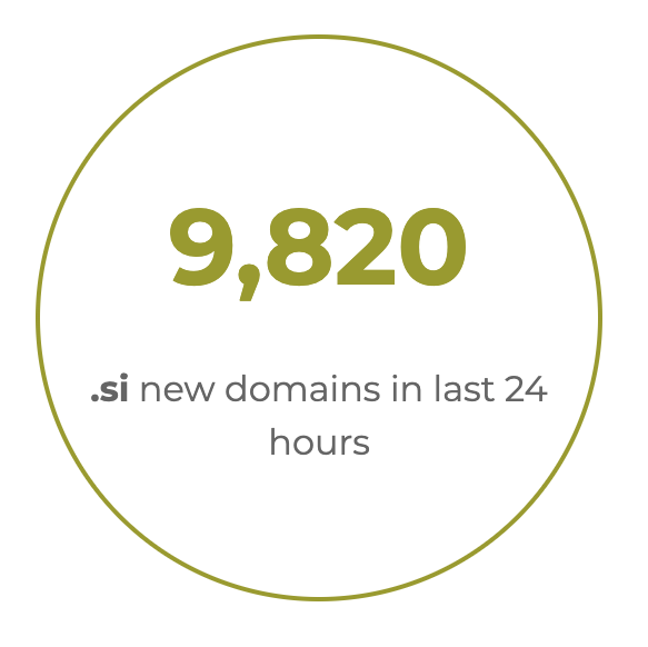 A circular graphic showing '9,820 .si new domains in last 24 hours'.
