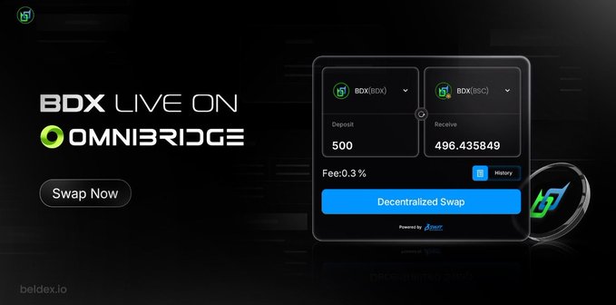 A black promotional graphic for “BDX LIVE ON OMNIBRIDGE,” advertising a decentralized swap from 500 BDX to approximately 496.435849 BDX (BSC), with a 0.3% fee.