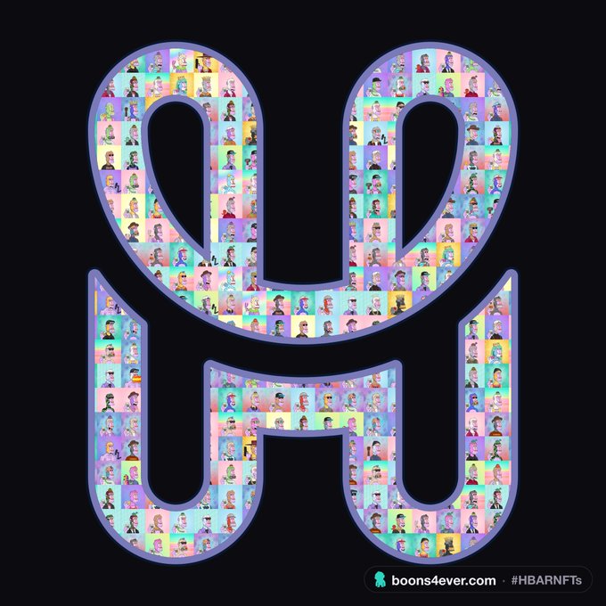 A stylized "H" logo filled with a colorful grid of character portraits, with text reading "boons4ever.com · #HBARNFTs" in the bottom right corner, promoting HashPack NFT collectibles.