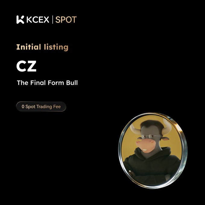 A promotional image from KCEX Spot announcing the initial listing of 'CZ - The Final Form Bull' token with 0 Spot Trading Fee, featuring a bull character in a hoodie.