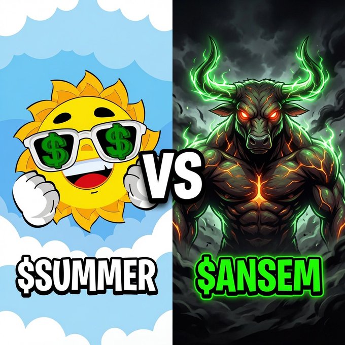 A split image depicts a friendly sun character wearing dollar-sign sunglasses labeled "$SUMMER" on a bright blue sky versus a menacing green-eyed bull labeled "$ANSEM" with glowing magma veins against a dark, smoky backdrop, with "VS" between them—visually representing a community poll asking followers to choose between the two Solana meme tokens.