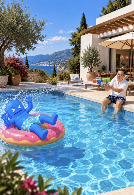 An AI-generated image of a blue mascot floating on a donut float in a pool while a man shoots water at it with a toy gun.