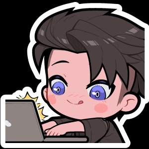 A cartoon chibi sticker of a brown-haired character with large purple eyes enthusiastically typing on a laptop.