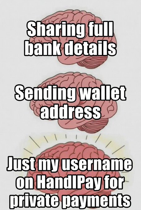 A meme featuring three increasingly glowing brains with text reading 'Sharing full bank details', 'Sending wallet address', and 'Just my username on HandlPay for private payments'.