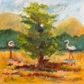A small painting or illustration of two flamingos standing in a marshy landscape with a large green tree and mountains in the background.