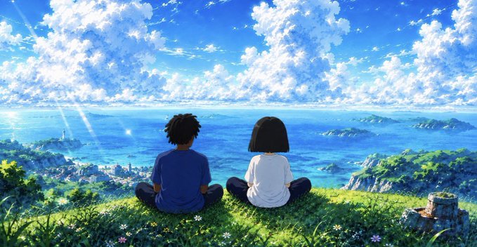 Two animated characters sit peacefully on a grassy cliff overlooking a vast ocean and sunny sky. The serene, aspirational anime-style scenery contrasts with the unrelated crypto giveaway promotion in the caption.