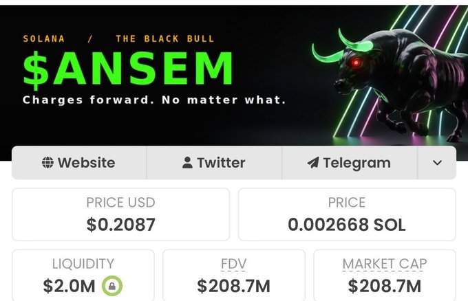 A promotional page for the Solana-based cryptocurrency '$ANSEM', subtitled 'THE BLACK BULL: Charges forward. No matter what.', displays a price of $0.2087 USD (0.002668 SOL), a market cap of $208.7M, and a black robotic bull graphic.