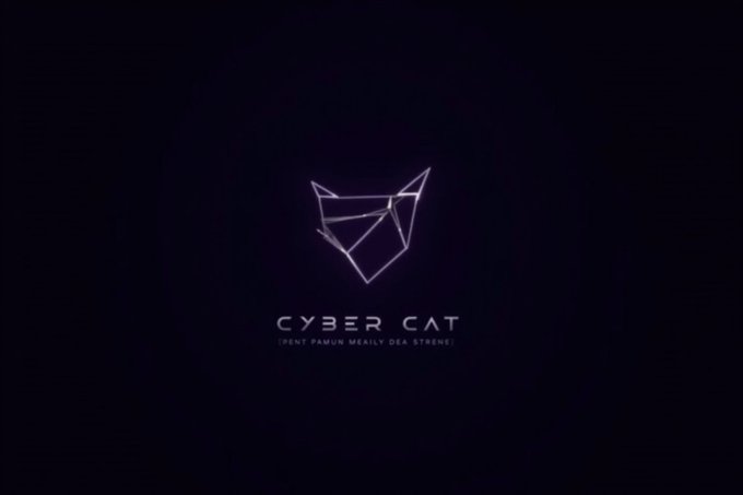 A dark logo featuring a geometric line-art cat face above the text 'CYBER CAT' with small subtitle text below.