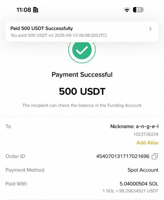 A mobile payment confirmation screen showing 'Payment Successful 500 USDT' sent to nickname 'a-n-g-e-l' (1023726234), paid with 5.04000504 SOL from a Spot Account, timestamped 2026-09-13 06:08:02 UTC.
