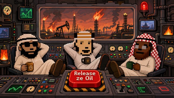 A pixel-art scene shows three men in traditional Middle Eastern attire lounging in a control room overlooking flaming oil derricks, with a red button reading "Release ze Oil" in the foreground. The image humorously illustrates the "$OIL" post by depicting oil barons casually overseeing a dramatic petroleum operation, ready to flood the market at the press of a button.