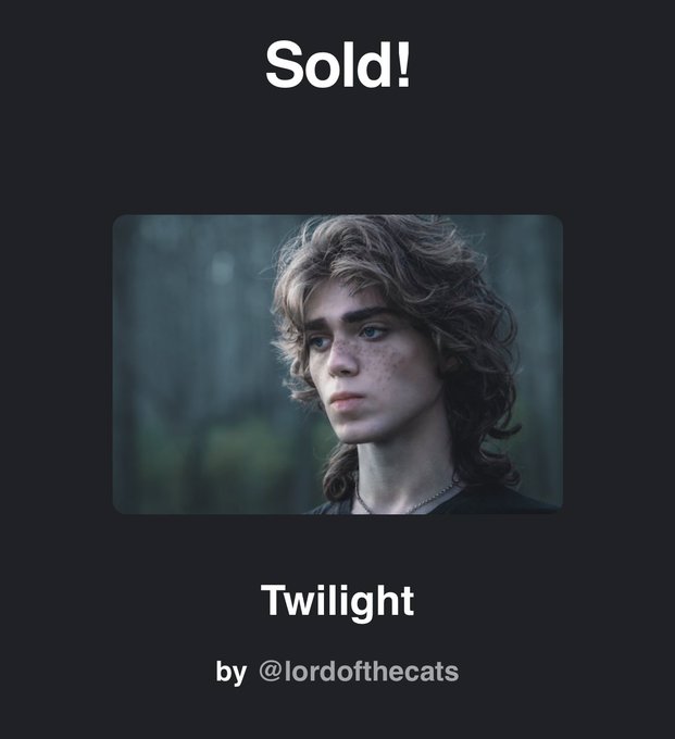 A "Sold!" notification screenshot displays a digital NFT portrait titled "Twilight" by @lordofthecats, featuring a young person with curly hair and freckles in a moody forest setting. The image ties directly to the post's nostalgic sentiment about the NFT boom era, showing tangible proof of a 2 ETH self-portrait sale.