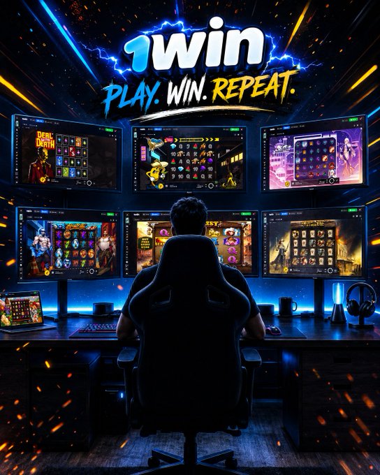 A gamer sits at a multi-monitor setup with the "1win PLAY. WIN. REPEAT." logo displayed above, surrounded by game interfaces — visually promoting the @1winPro Crypto Month event and its $50,000 USDT prize pool leaderboard competition. The immersive gaming scene captures the competitive spirit of the leaderboard challenge.