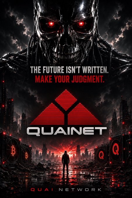 A dark cyberpunk-style poster for 'QUAINET' (Quai Network) featuring a Terminator-like robotic skull with red eyes and the tagline 'THE FUTURE ISN'T WRITTEN. MAKE YOUR JUDGMENT.'