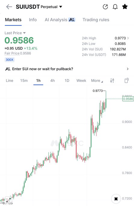 A cryptocurrency trading chart for the SUI/USDT pair shows the price at 0.9586 USDT, with an AI analysis prompt reading 'Enter SUI now or wait for pullback?'.