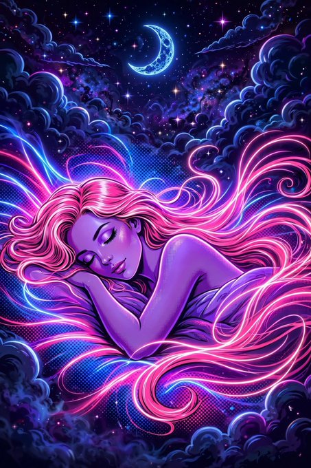 A vibrant, neon-colored digital illustration of a sleeping woman with flowing pink hair, surrounded by glowing clouds and stars under a crescent moon.