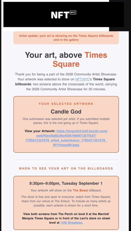 An email from NFT.NYC notifies the recipient, 'Candle God,' that their artwork has been selected for the 2026 Community Artist Showcase on Times Square billboards between 8:30pm-9:00pm on Tuesday, September 1.